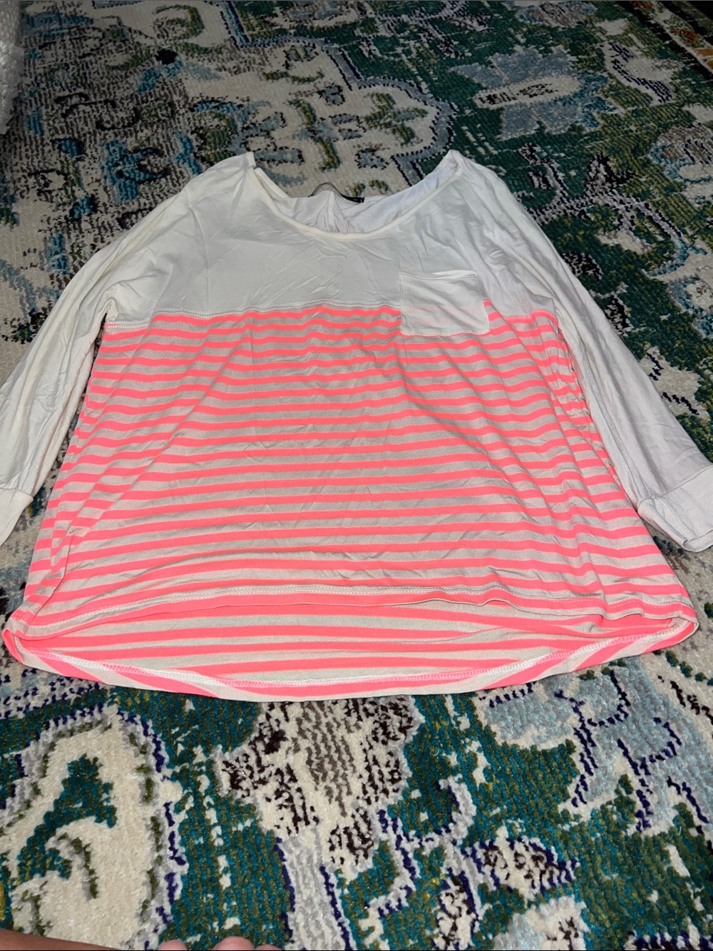 Women’s White and Neon Pink Striped Long Sleeve Blouse